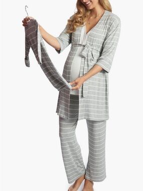Everly Grey Gray & White Striped Maternity Nursing Robe and Pant Set